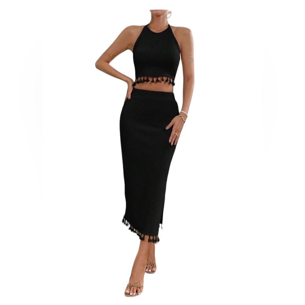 Two Piece Tassel Vacation Summer Dress Halter Top Skirt Set Honeymoon Sexy